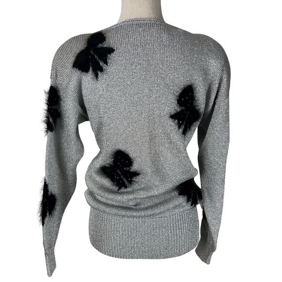 Vintage Smith St. John Metallic Lurex Holiday Sweater Bow Pearl Glam M - Picture 3 of 10